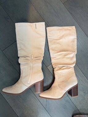 Classic Beige Suede Mid-Calf Block Heel Women's Boots